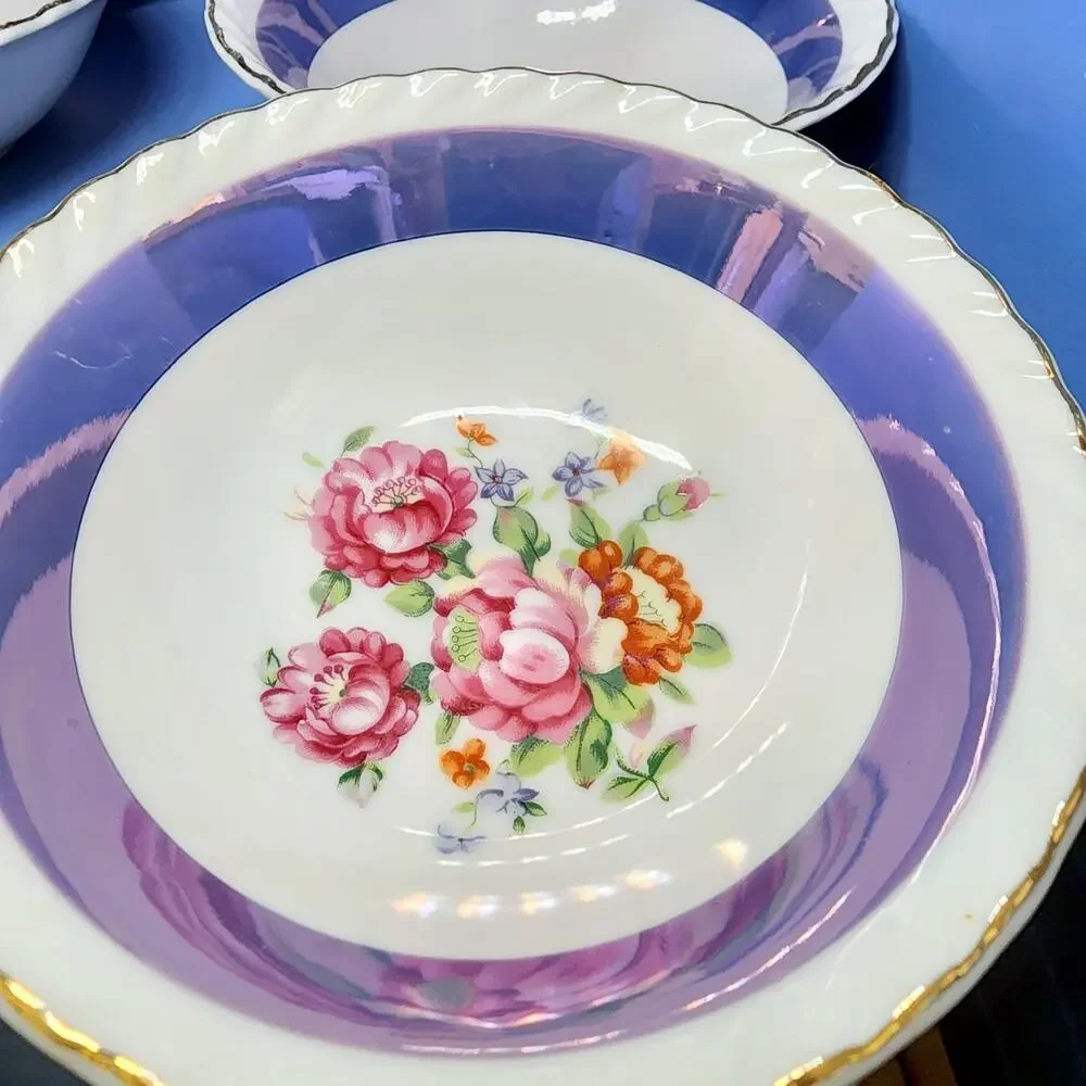 6 Westwood Luster Floral Bowls Gold Trim Purple Set 5 1/2